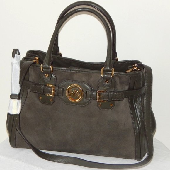 MICHAEL KORS HUDSON Leather Suede Large Tote Satchel Shoulder BAG Dark Olive NWT - Picture 2 of 14